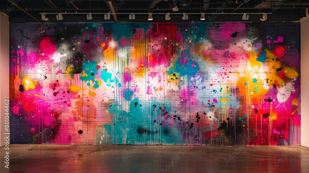 Poster abstract mural with distorted figures and neon splashes in a urban setting, a visual representation 