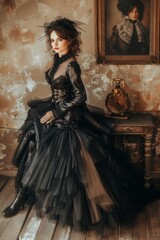 beautiful woman in black leather and tulle skirt, full body photo, in the style of steampunk