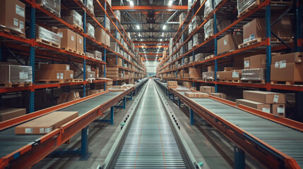 Efficient functioning of a warehouse with conveyor belt operation for package handling.