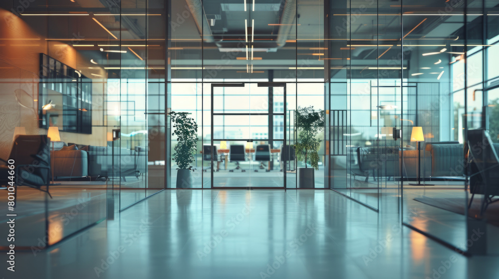 Poster modern office layout with glass partitions for transparency and openness, promoting collaboration an