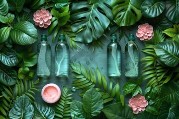 Obraz premium top-view flatlays of skincare products crafted from natural ingredients, adorned with leaves and other elements from nature.