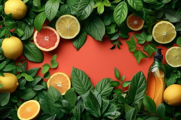 top-view flatlays of skincare products crafted from natural ingredients, adorned with leaves and other elements from nature.