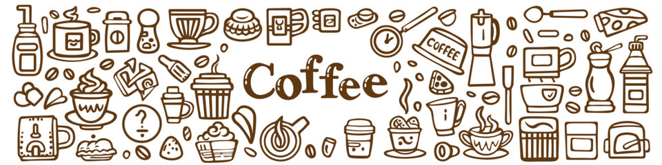cartoon doodle collection set of coffee and beverage drink menu at coffee shop, brown bold line isolated on white background