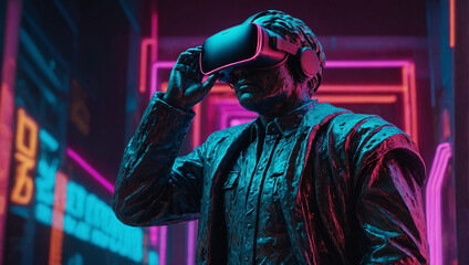 A person wearing a virtual reality headset with blue and pink neon lights in the background.
