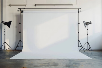 front view of empty white photography backdrop screen at photography studio with lighting and equipment setting for take a photo