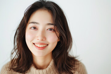 Fototapeta premium Beautiful studio portrait of young, stylish asian woman, long hair, smiling and looking at camera with confidence on white background