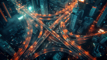 Aerial perspective of a busy city's intricate system of roads and highways, showcasing the urban connectivity and infrastructure
