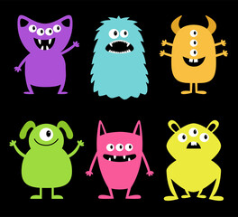 Monster set line. Happy Halloween. Cute kawaii cartoon boo character. Six colorful silhouette monsters. Different face. Teeth, eyes, horns, hands. Childish style. Flat design. Black background. Vector