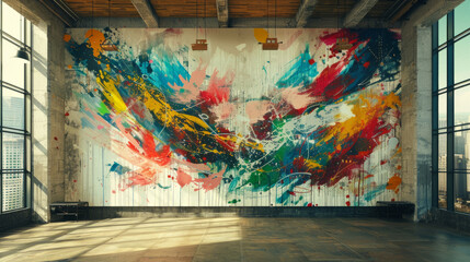 A vibrant and abstract mural showcasing distorted figures and neon splashes on a downtown loft wall.