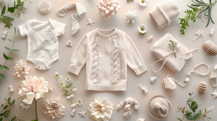 Chic and delicate baby clothing and accessories displayed in soft pastel shades, creating a soothing and harmonious composition on a neutral background.