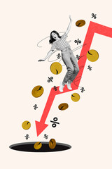Vertical photo collage of astonished fear girl fall hole arrow down crack dollar golden coin...