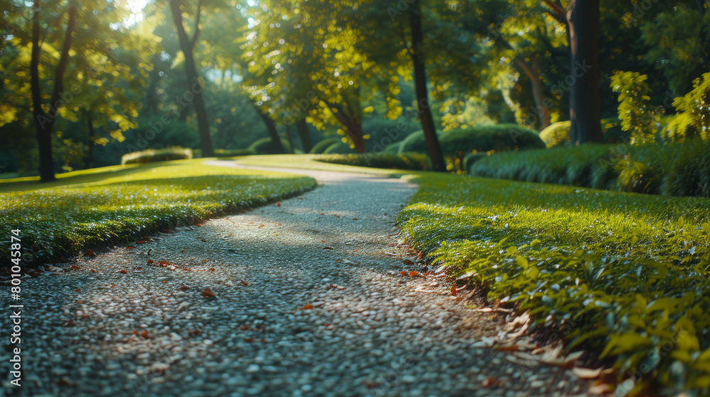 Poster tranquil and peaceful public park with an empty winding path captured from a low angle, showcasing s