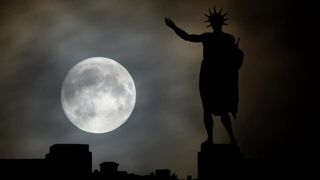 Greek Statue of Sun God Helios, also known as the Colossus of Rhodes, Time Lapse by Night with Full Moon