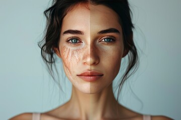 Naklejka premium Gummy smiles during life transitions contrast with healthy aging through facial skin renewal, emphasizing signs of aging.