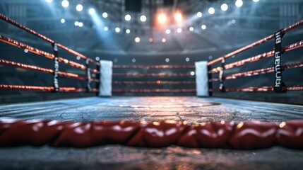 An empty boxing ring with bright spotlights shining down. - obrazy, fototapety, plakaty