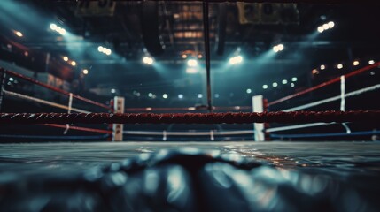 An empty boxing ring from the perspective of a boxer ready to fight - obrazy, fototapety, plakaty