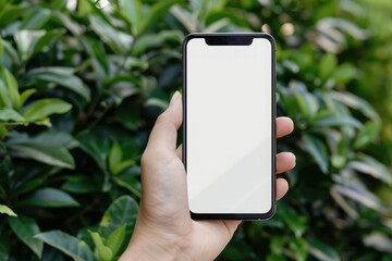 Mockup image of a person hand holding mobile phone with blank white screen