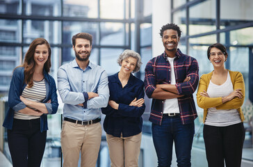 Happy, portrait and business people with arms crossed in office for partnership, trust and mission solidarity. Corporate, support and design team with professional pride, integrity and diversity