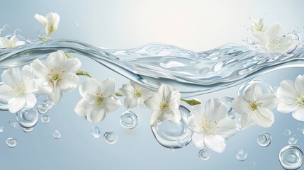 White jasmine flowers in blue transparent water. Summer floral composition with sun and shadows....