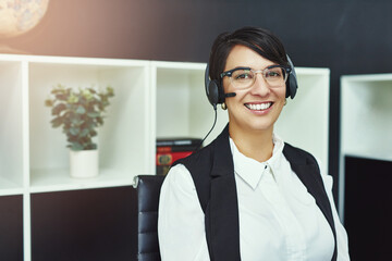 Portrait, smile and woman with headset in office for career, executive or telecommunication....