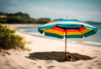 Beach umbrella next to a plant on the shore, overlooking the sea, AI-generated.