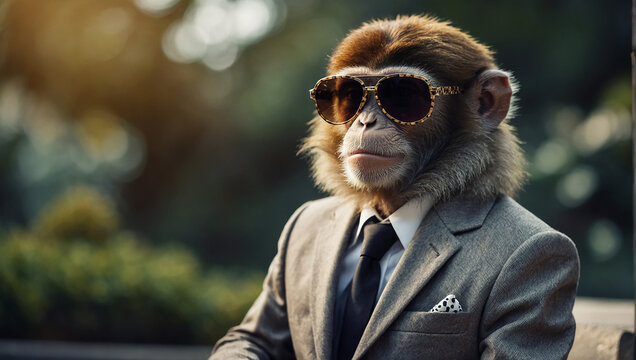 This is a photo of a monkey wearing sunglasses and a suit.