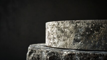 A detailed view of a piece of cheese placed on a table, highlighting its texture and details