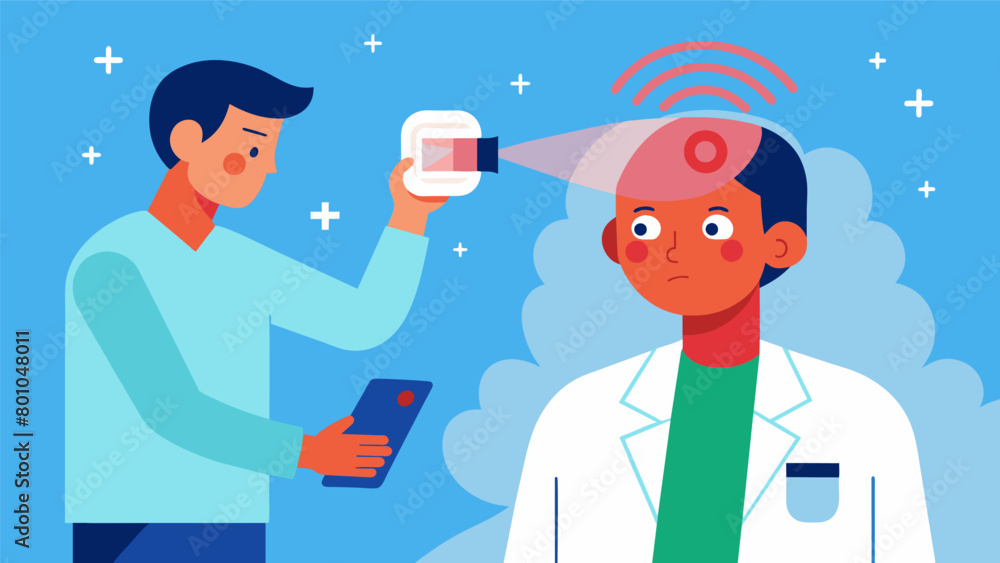 Poster a doctor holds up a small wireless device to a patients forehead using infrared technology to scan f