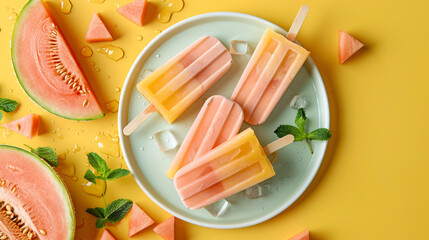 Plate with tasty popsicles and melon pieces 