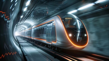 A futuristic subway train speeds through a tunnel in a dramatic angle