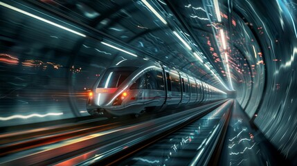 A futuristic subway train speeds through a tunnel filled with bright lights, captured from a dramatic angle