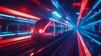 A subway train rushes through a tunnel illuminated by neon lights, creating a futuristic and dynamic scene