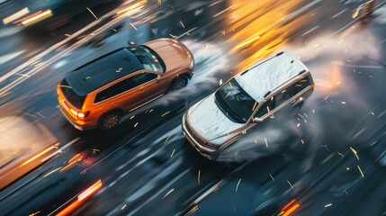 A couple of cars moving together down a street, side by side in a regular traffic flow