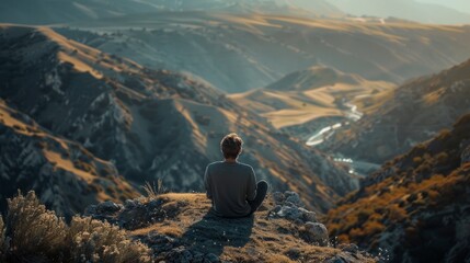 A man sitting on a mountain peak, gazing at a vast valley below, showcasing solitude and contemplation - Powered by Adobe