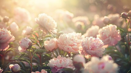 Soft pastel peonies bloom gracefully in a serene garden, their petals unfurling in the grass