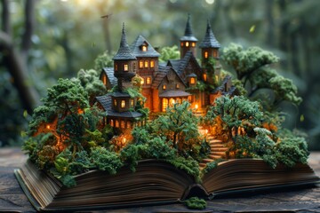 An open fantasy novel rests on a wooden table, surrounded by miniature castles nestled amidst lush green leaves and forest trees.