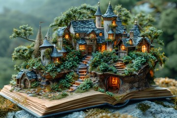 An open fantasy novel rests on a wooden table, surrounded by miniature castles nestled amidst lush green leaves and forest trees.