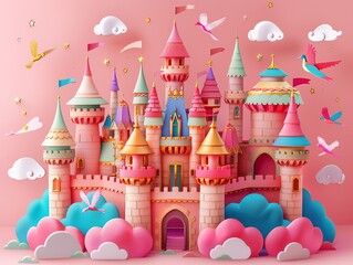 Fairytale castle birthday card mockup, Vibrant paper art depicting a whimsical pink castle, surrounded by colorful clouds and playful flying birds, creating a dreamlike fairy tale setting.