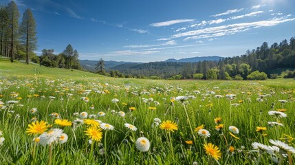 A sunny meadow filled with spring daisies and yellow dandelions, framed by towering mountains in the background