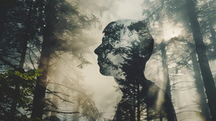 Double exposure of a persons silhouette blending with the forest surroundings