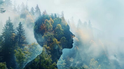 Fototapeta na wymiar A womans face is prominently featured against a backdrop of trees and fog in a double exposure photograph