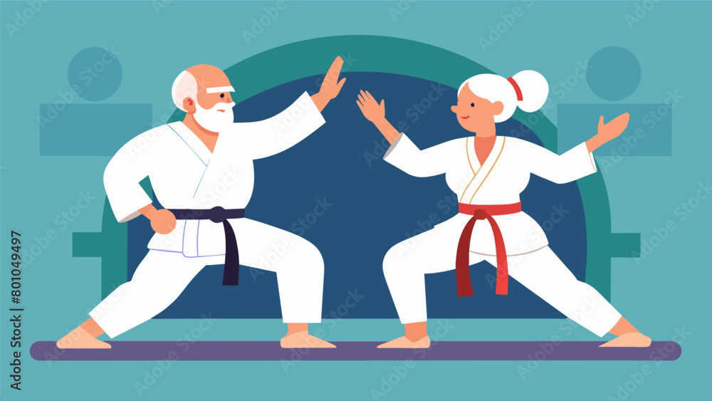 Poster an elderly couple practices together in a karate class promoting teamwork and companionship while al