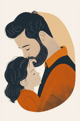 Affectionate Father Kissing Daughter on Forehead in Warm Embrace, Father's Day Love. Minimalist Illustration
