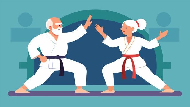 An elderly couple practices together in a karate class promoting teamwork and companionship while also reaping the physical and mental benefits
