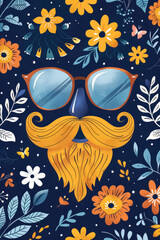 Vibrant Grandfather Illustration with Stylish Beard and Glasses, Floral Background