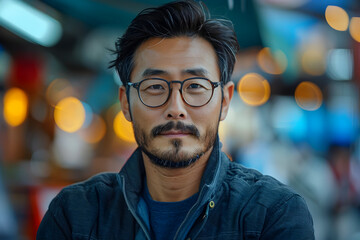 Asian Man Looking at Busy Street in Urban Style - Powered by Adobe