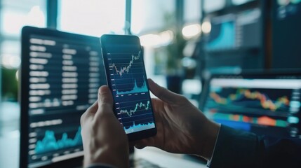business, technology, internet and people concept - close up of man with laptop computer and smartphone with stock market chart on screen over office background