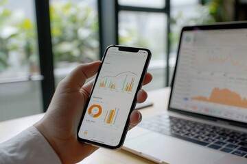 business, technology, internet and people concept - close up of man with laptop computer and smartphone with stock market chart on screen over office background