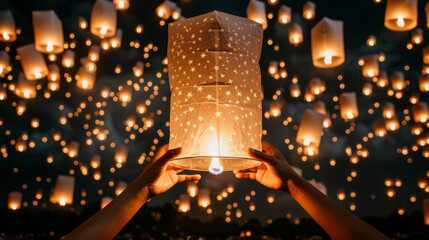 Flying lantern festival, hands launching a paper lantern. Lots of lights in the night sky