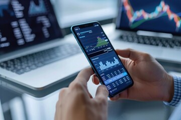 business, technology, internet and people concept - close up of man with laptop computer and smartphone with stock market chart on screen over office background